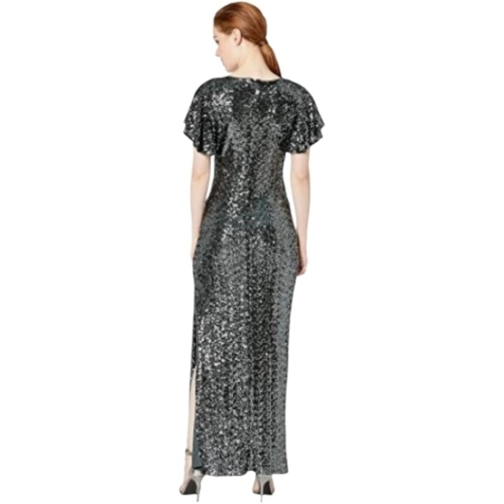 Marina Gunmetal Flutter Sleeve Sequined Formal Evening Dress, 14, Elegant, Party - Picture 2 of 14